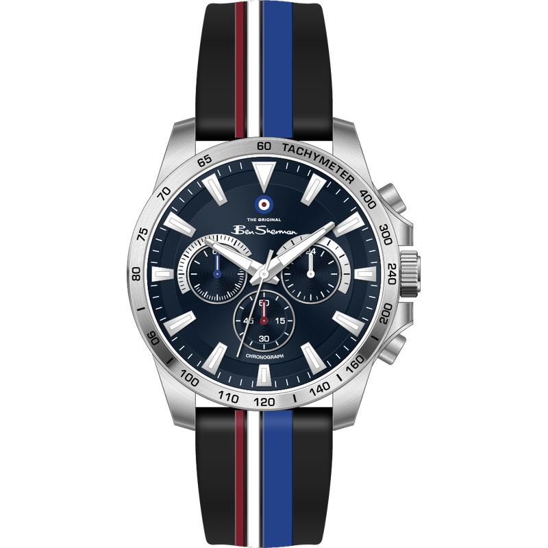 Ben Sherman Men's Silver Chronograph Watch with Navy Dial & Black Silicone Strap
