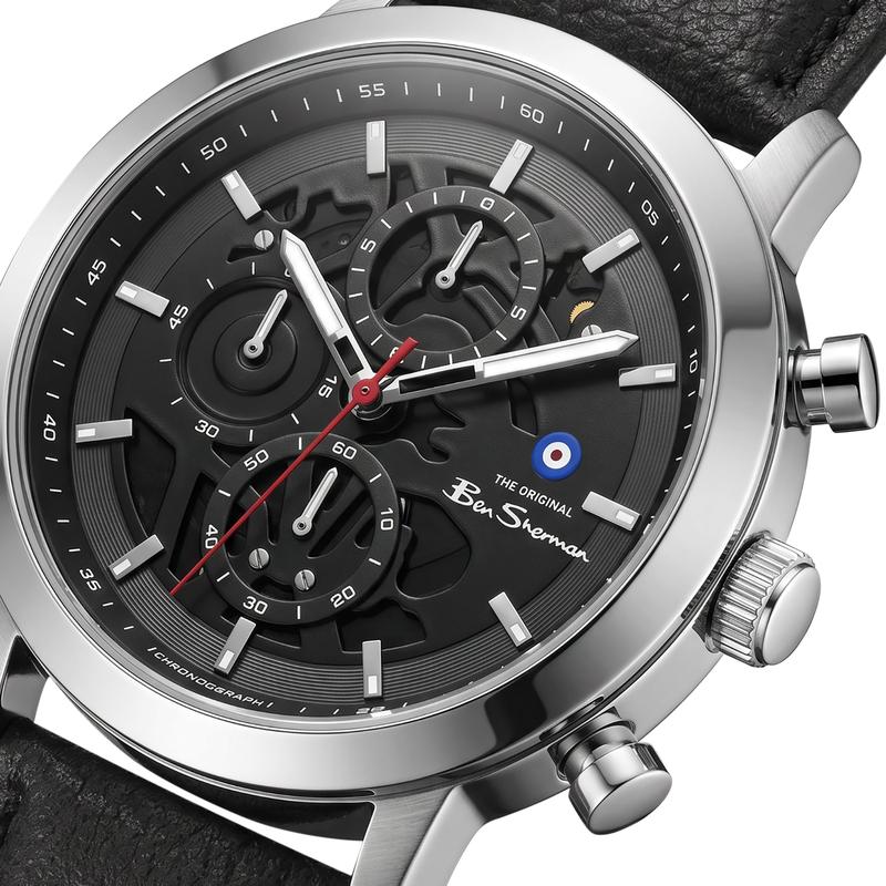 Ben Sherman Men's Silver Skeleton Chronograph Watch with Black Leather Strap