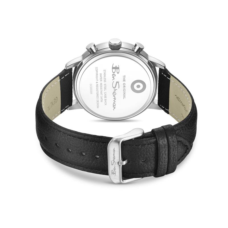 Ben Sherman Men's Silver Skeleton Chronograph Watch with Black Leather Strap