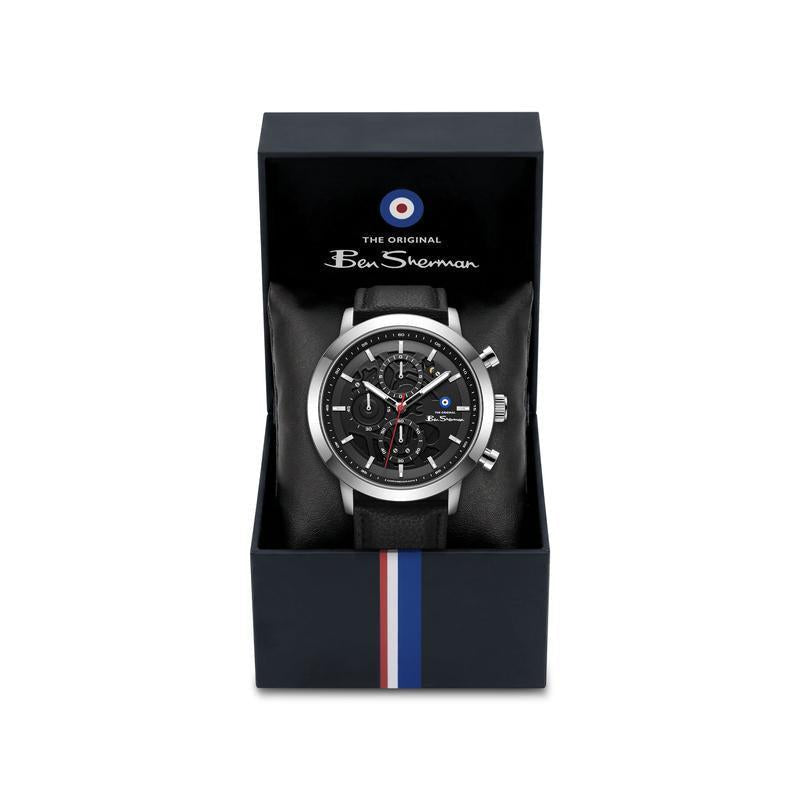 Ben Sherman Men's Silver Skeleton Chronograph Watch with Black Leather Strap