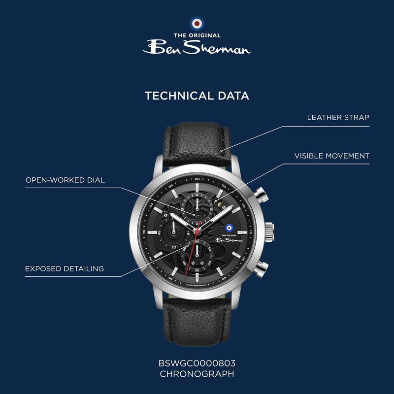 Ben Sherman Men's Silver Skeleton Chronograph Watch with Black Leather Strap
