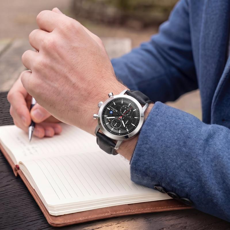 Ben Sherman Men's Silver Skeleton Chronograph Watch with Black Leather Strap