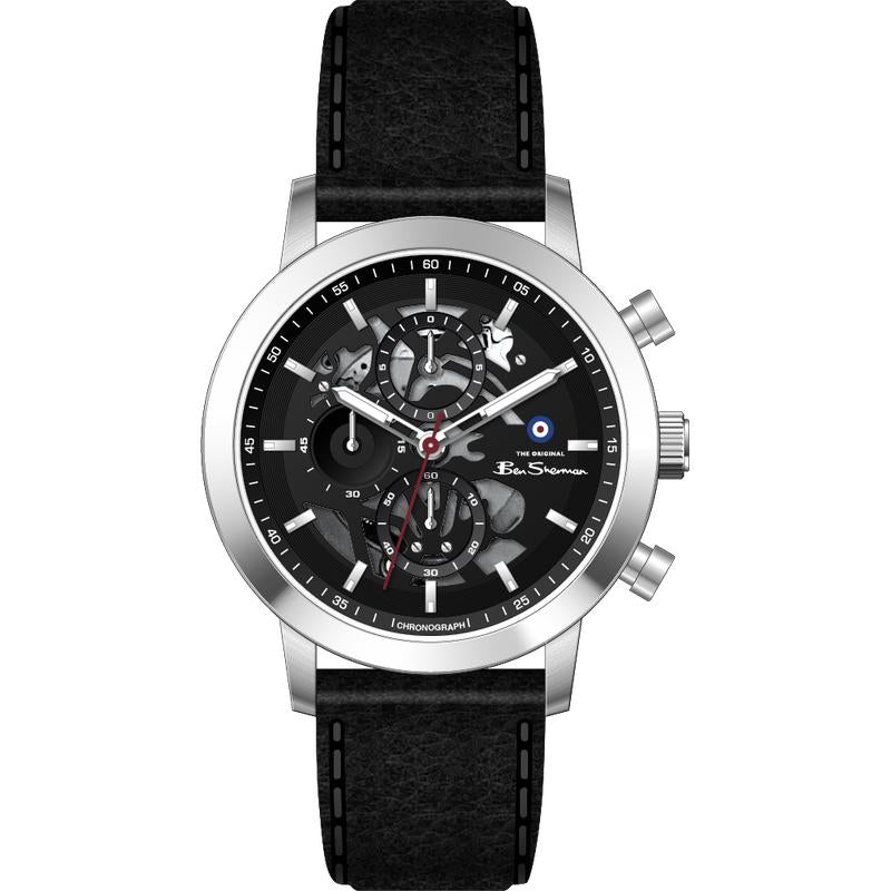 Ben Sherman Men's Silver Skeleton Chronograph Watch with Black Leather Strap