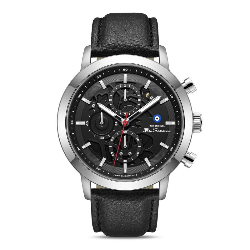 Ben Sherman Men's Silver Skeleton Chronograph Watch with Black Leather Strap