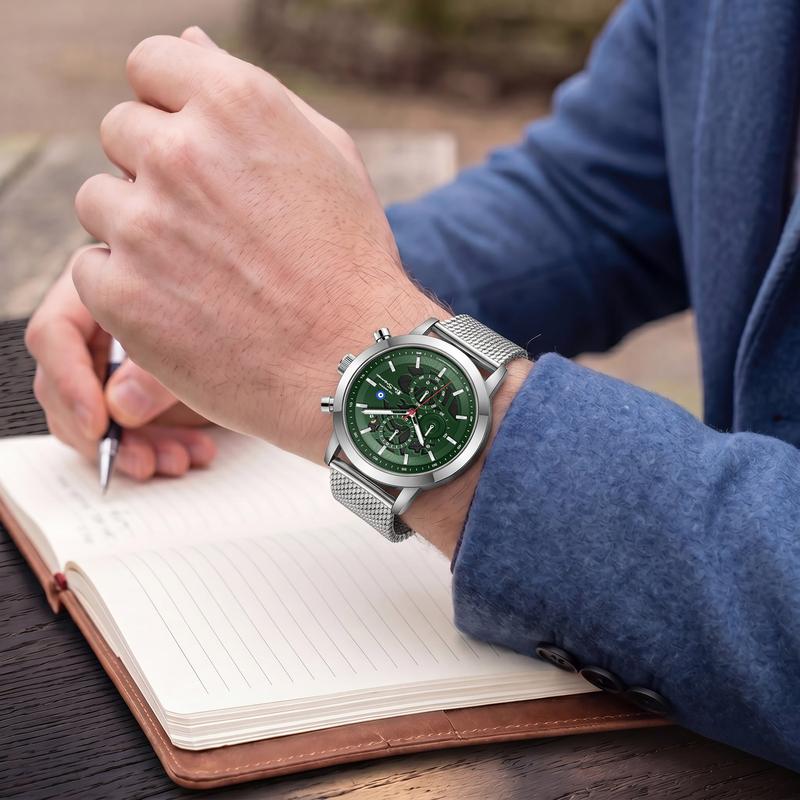 Ben Sherman Men's Silver Skeleton Chronograph Watch with Green Dial & Stainless Steel Mesh Bracelet