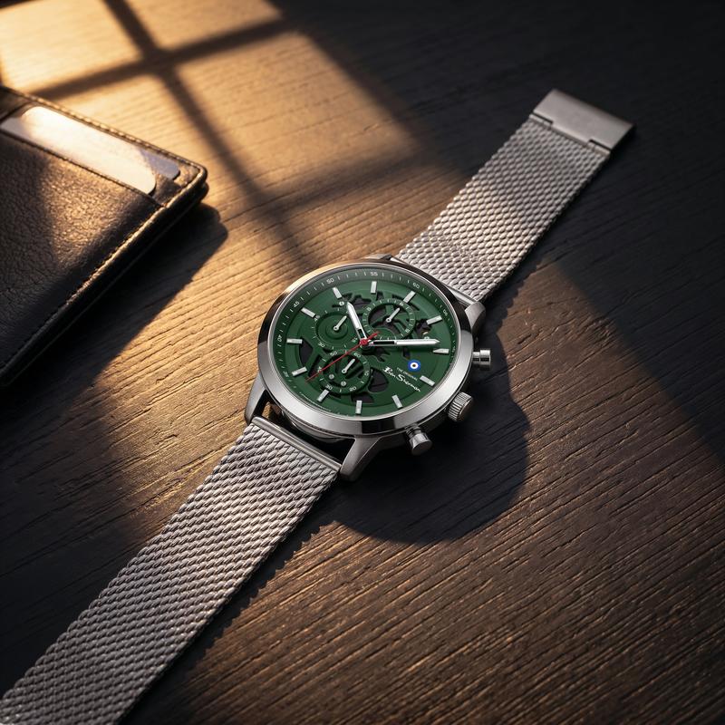 Ben Sherman Men's Silver Skeleton Chronograph Watch with Green Dial & Stainless Steel Mesh Bracelet
