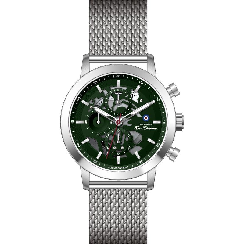 Ben Sherman Men's Silver Skeleton Chronograph Watch with Green Dial & Stainless Steel Mesh Bracelet