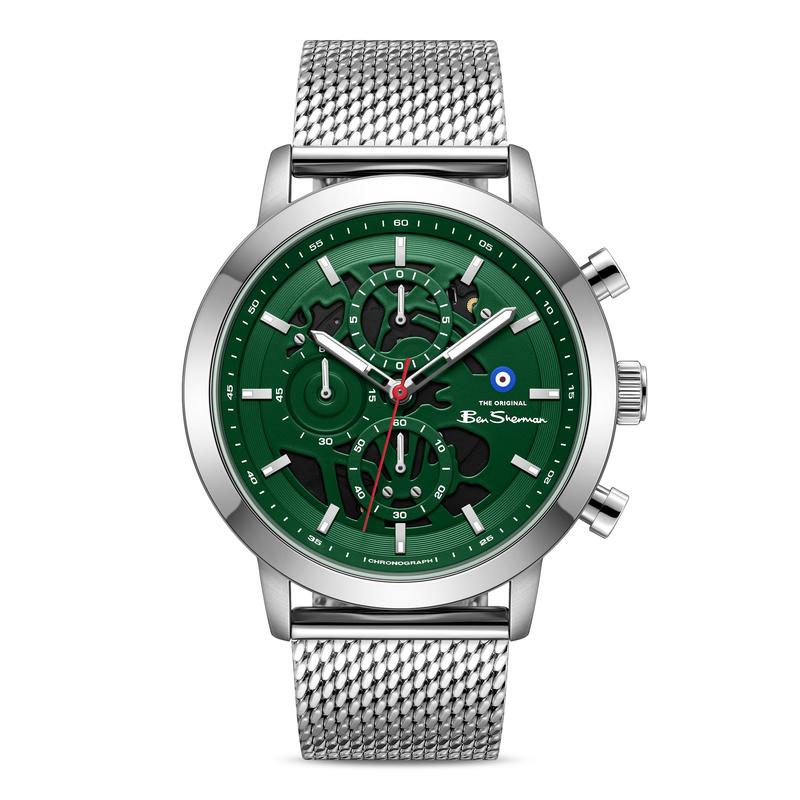 Ben Sherman Men's Silver Skeleton Chronograph Watch with Green Dial & Stainless Steel Mesh Bracelet