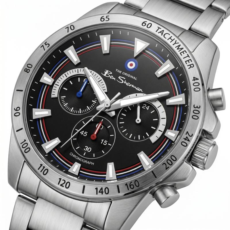 Ben Sherman Men’s Silver-Tone Chronograph Watch with Black Dial