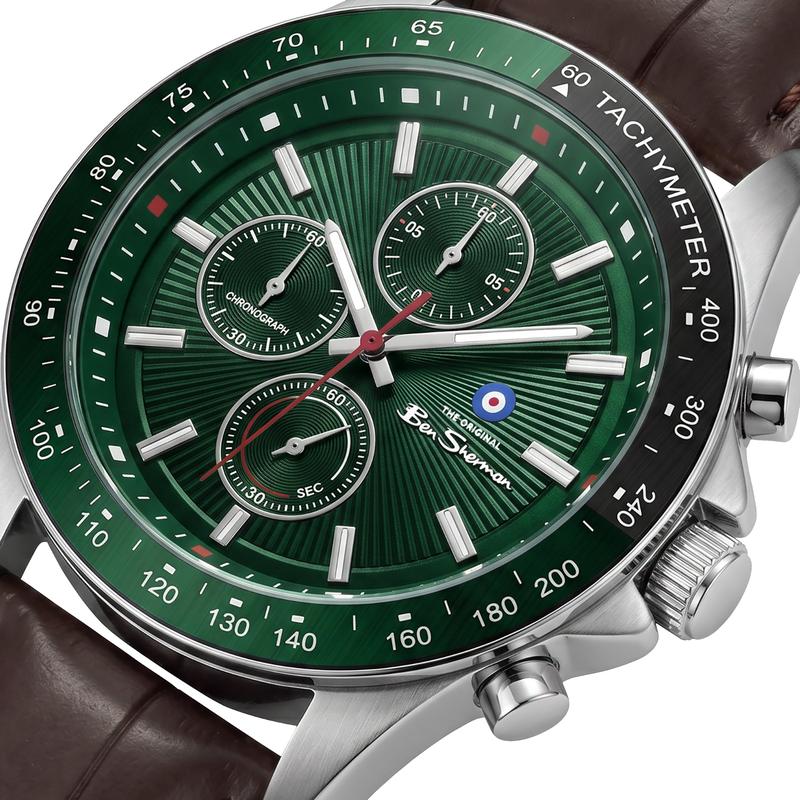Ben Sherman Men’s Silver-Tone Chronograph Watch with Brown Leather Strap