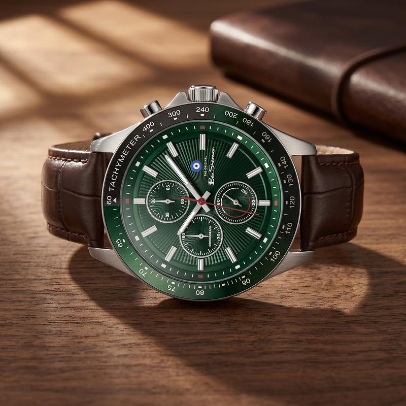 Ben Sherman Men’s Silver-Tone Chronograph Watch with Brown Leather Strap