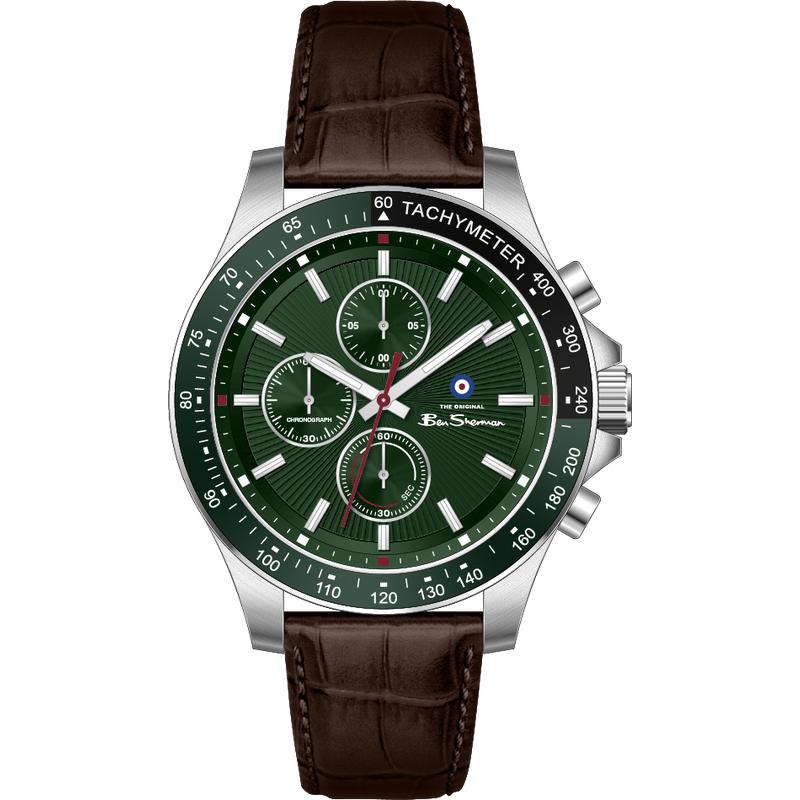 Ben Sherman Men’s Silver-Tone Chronograph Watch with Brown Leather Strap
