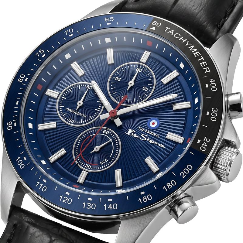 Ben Sherman Men’s Silver-Tone Chronograph Watch with Navy Dial and Black Leather Strap