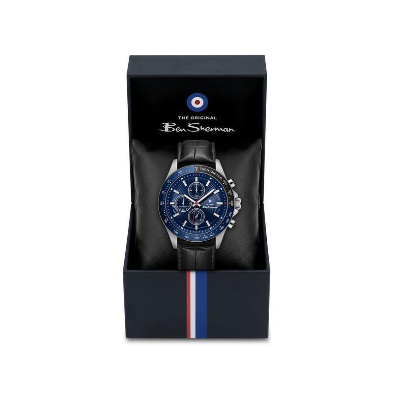 Ben Sherman Men’s Silver-Tone Chronograph Watch with Navy Dial and Black Leather Strap