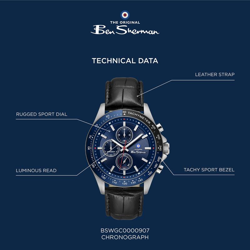 Ben Sherman Men’s Silver-Tone Chronograph Watch with Navy Dial and Black Leather Strap