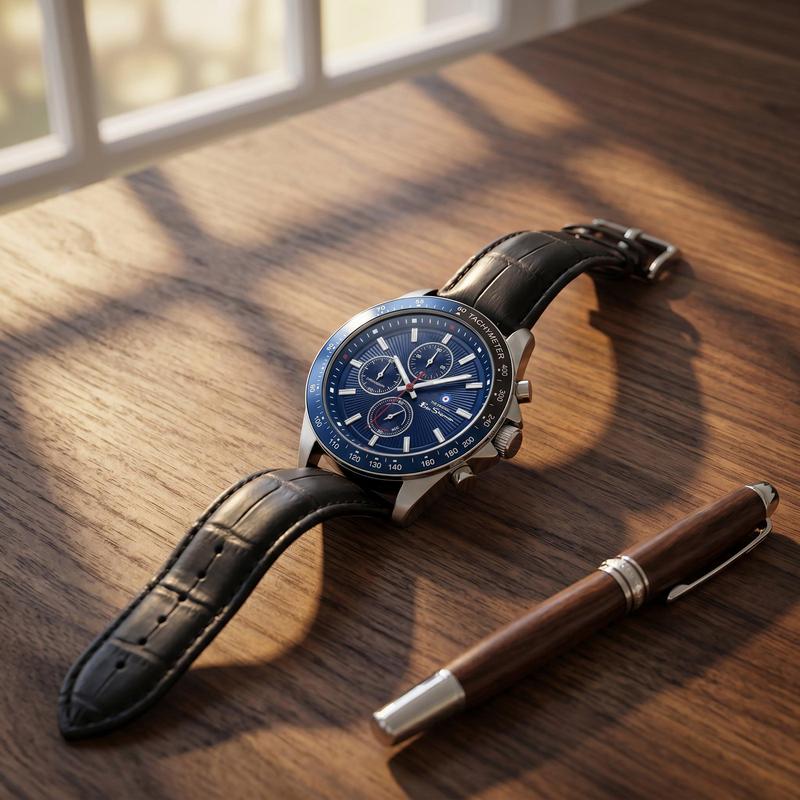 Ben Sherman Men’s Silver-Tone Chronograph Watch with Navy Dial and Black Leather Strap