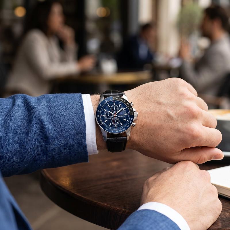 Ben Sherman Men’s Silver-Tone Chronograph Watch with Navy Dial and Black Leather Strap