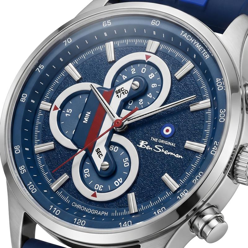 Ben Sherman Men’s Silver-Tone Chronograph Watch with Navy Dial and Striped Silicone Strap