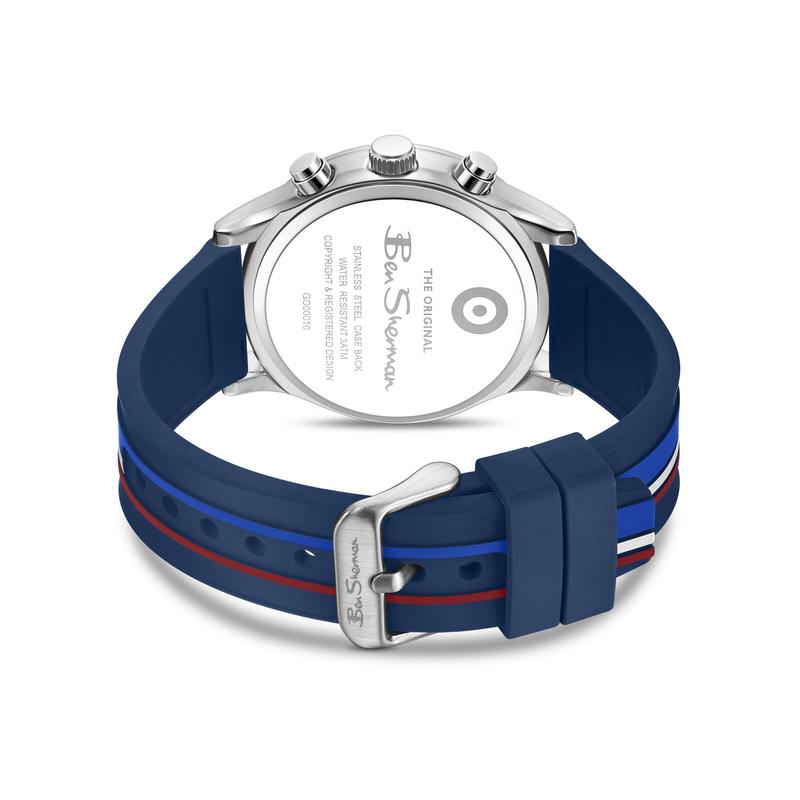 Ben Sherman Men’s Silver-Tone Chronograph Watch with Navy Dial and Striped Silicone Strap