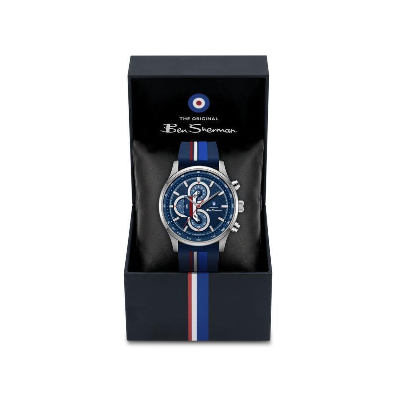 Ben Sherman Men’s Silver-Tone Chronograph Watch with Navy Dial and Striped Silicone Strap