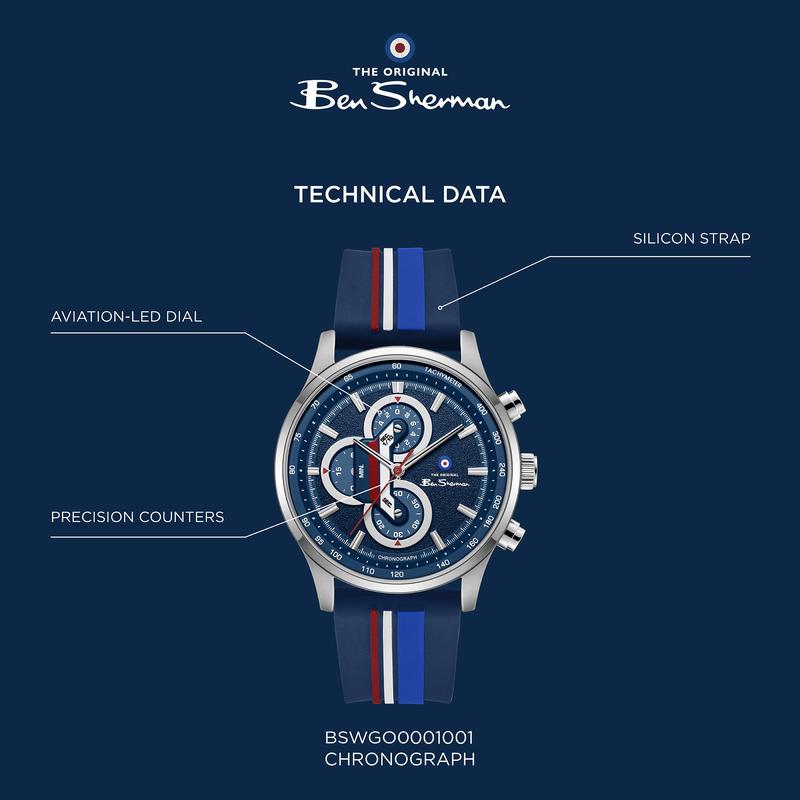 Ben Sherman Men’s Silver-Tone Chronograph Watch with Navy Dial and Striped Silicone Strap