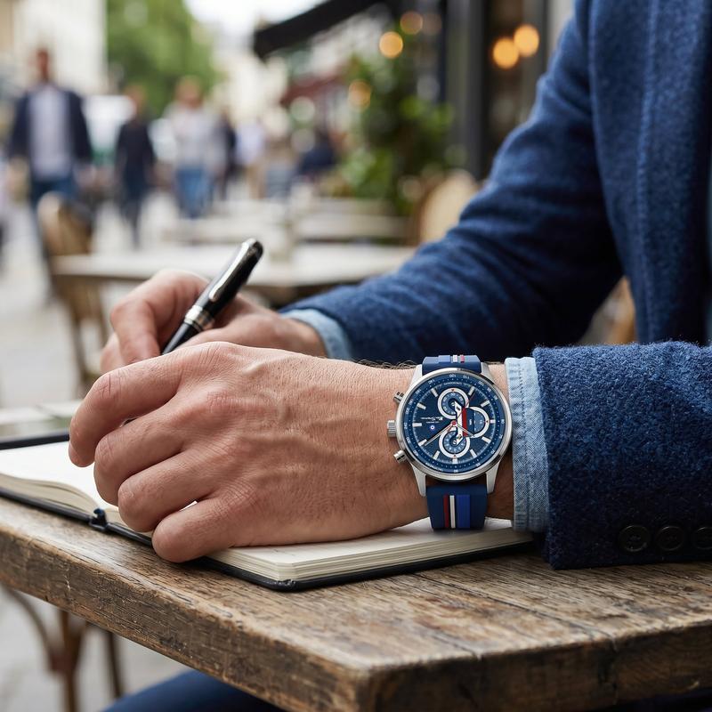Ben Sherman Men’s Silver-Tone Chronograph Watch with Navy Dial and Striped Silicone Strap
