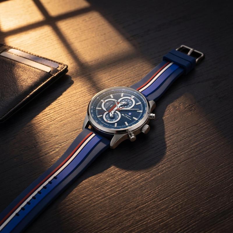 Ben Sherman Men’s Silver-Tone Chronograph Watch with Navy Dial and Striped Silicone Strap