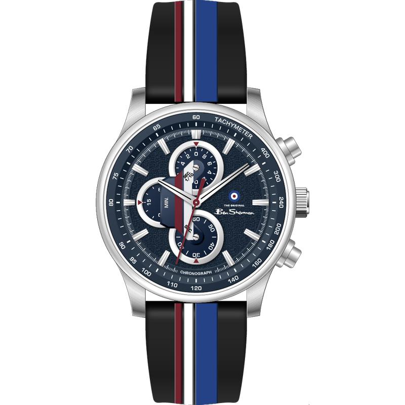 Ben Sherman Men’s Silver-Tone Chronograph Watch with Navy Dial and Striped Silicone Strap