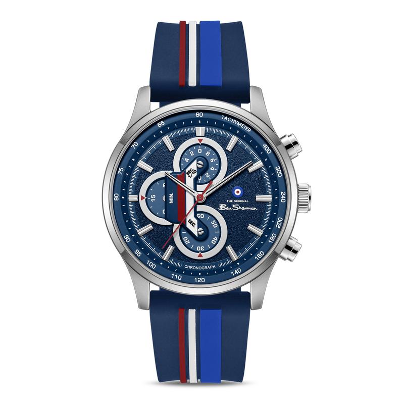 Ben Sherman Men’s Silver-Tone Chronograph Watch with Navy Dial and Striped Silicone Strap