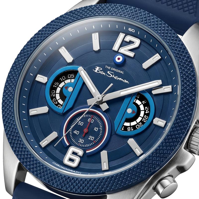 Ben Sherman Men’s Silver-Tone Chronograph Watch with Navy Dial and Textured Silicone Strap