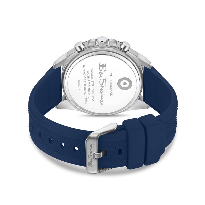 Ben Sherman Men’s Silver-Tone Chronograph Watch with Navy Dial and Textured Silicone Strap