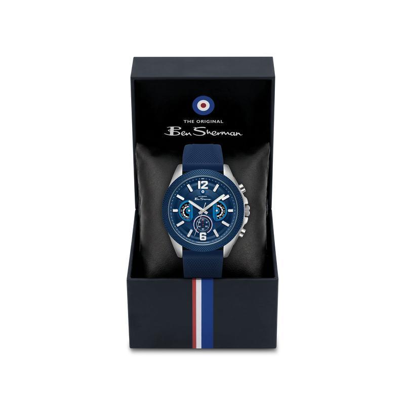 Ben Sherman Men’s Silver-Tone Chronograph Watch with Navy Dial and Textured Silicone Strap