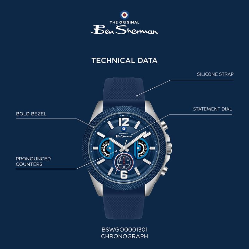 Ben Sherman Men’s Silver-Tone Chronograph Watch with Navy Dial and Textured Silicone Strap