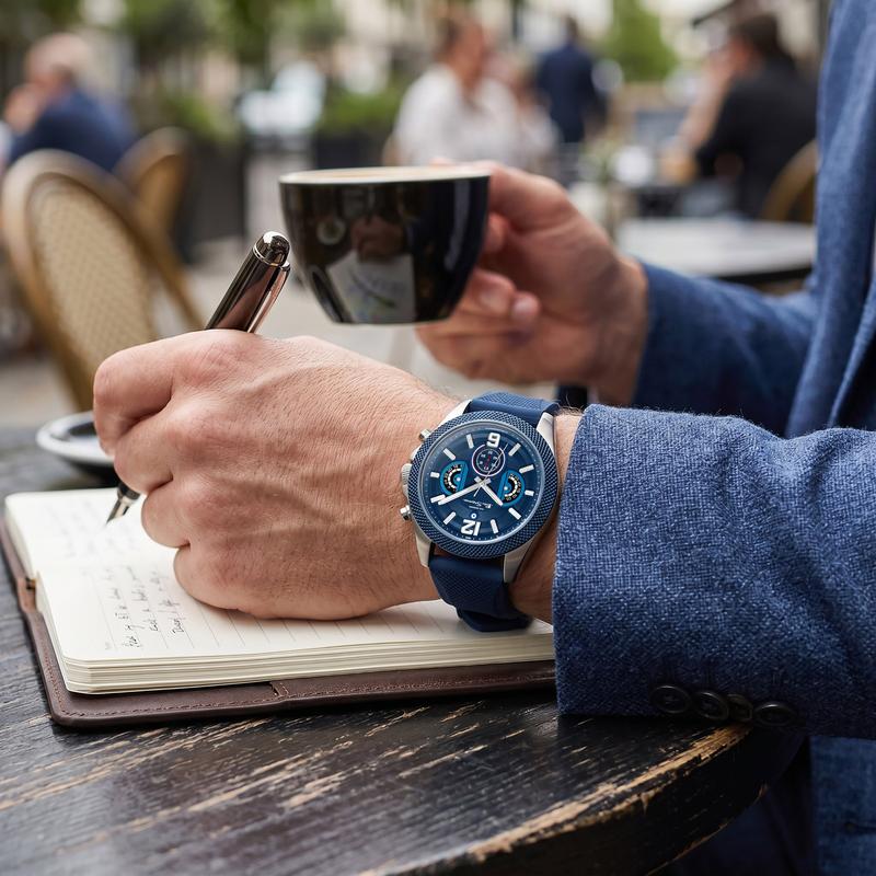 Ben Sherman Men’s Silver-Tone Chronograph Watch with Navy Dial and Textured Silicone Strap