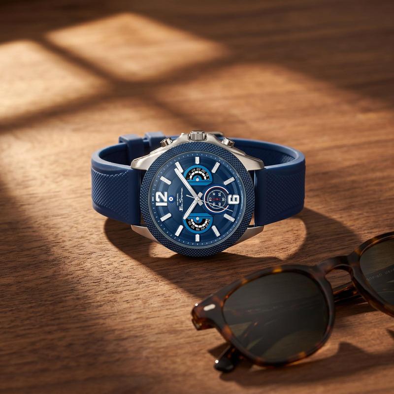 Ben Sherman Men’s Silver-Tone Chronograph Watch with Navy Dial and Textured Silicone Strap