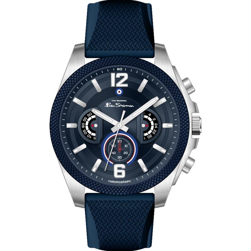 Ben Sherman Men’s Silver-Tone Chronograph Watch with Navy Dial and Textured Silicone Strap