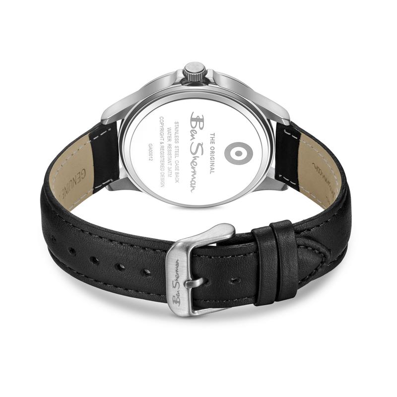 Ben Sherman Men’s Silver-Tone Watch with Black Dial and Leather Strap