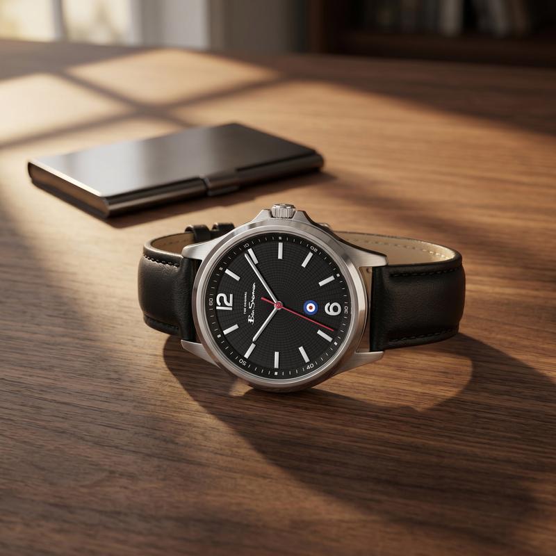 Ben Sherman Men’s Silver-Tone Watch with Black Dial and Leather Strap