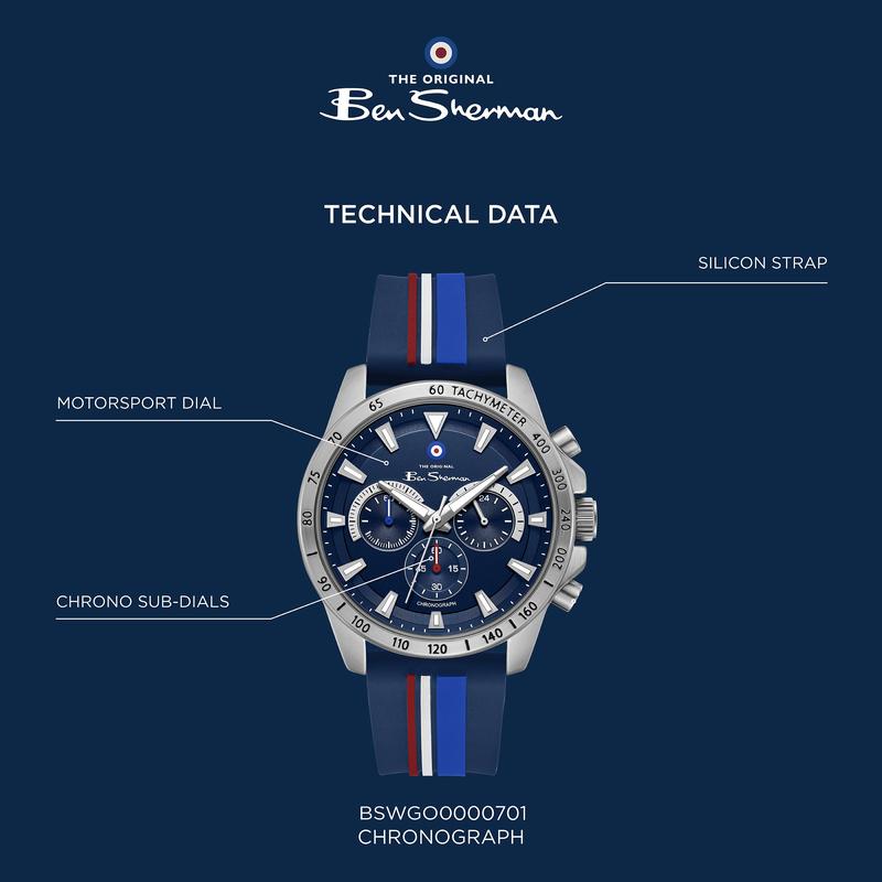 Ben Sherman Men's Sport Chronograph Watch – Blue Dial, Stainless Steel Case & Navy Silicone Strap