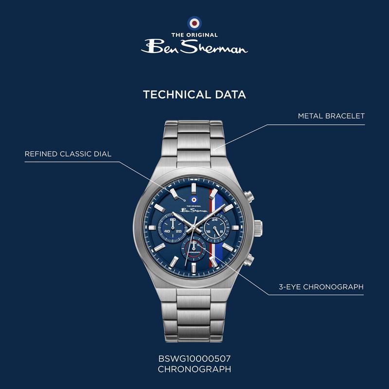 Ben Sherman Men's Stainless Steel Chronograph Watch with Blue Dial & Silver Bracelet