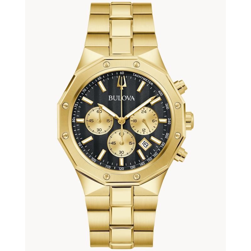 Bulova Men's Prestige Chronograph Watch, Gold-Tone Stainless Steel, Black Dial