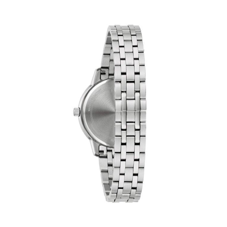 Side view of Bulova Classic women's watch featuring a sleek stainless steel bracelet and 31mm case.