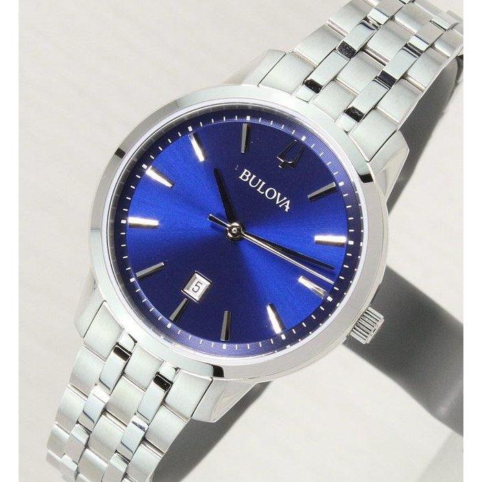 Bulova women's classic watch featuring a 31mm stainless steel case, vibrant blue dial, and polished silver-tone bracelet.