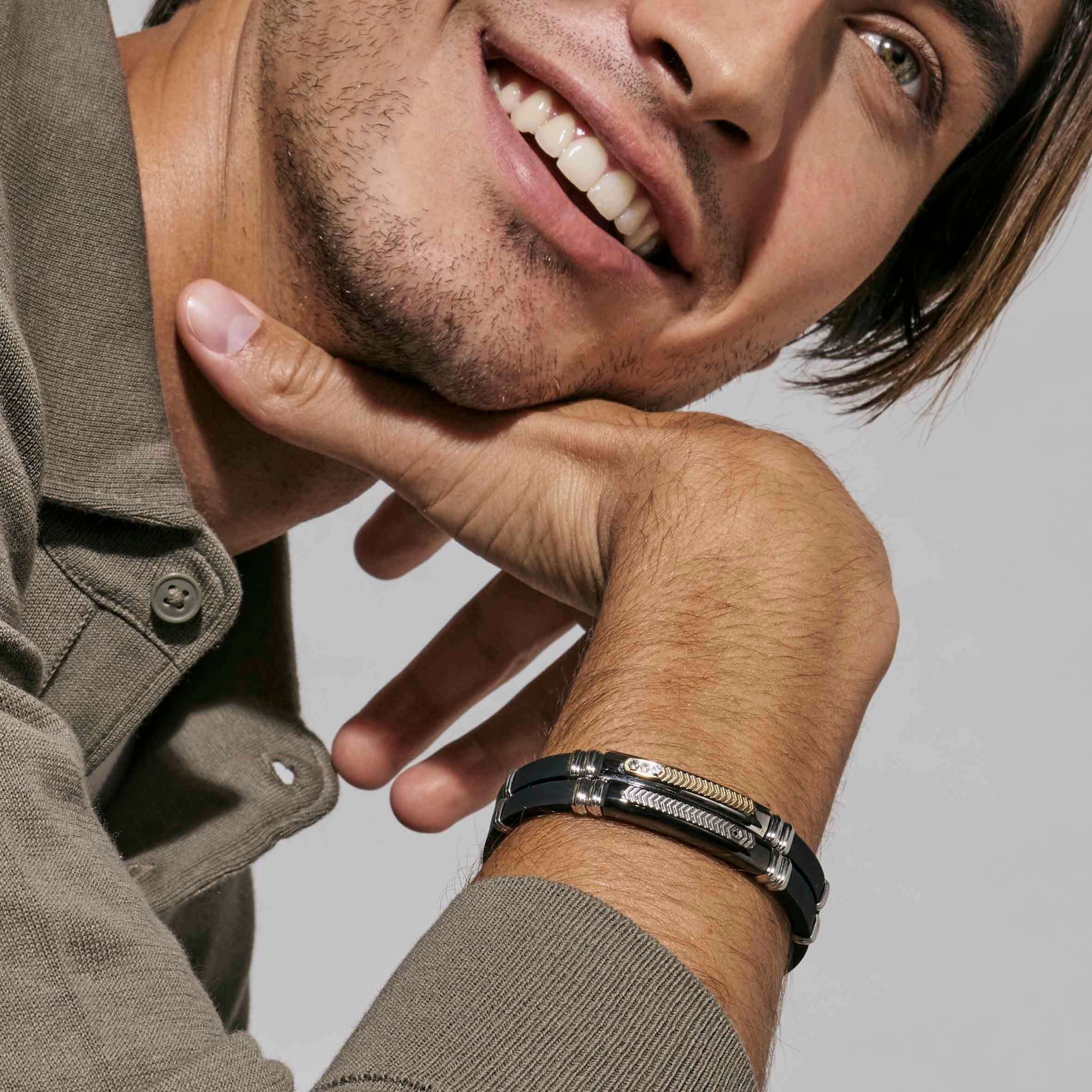 Men's City Energy Ed. Black Rubber & Stainless Steel CZ Bracelet