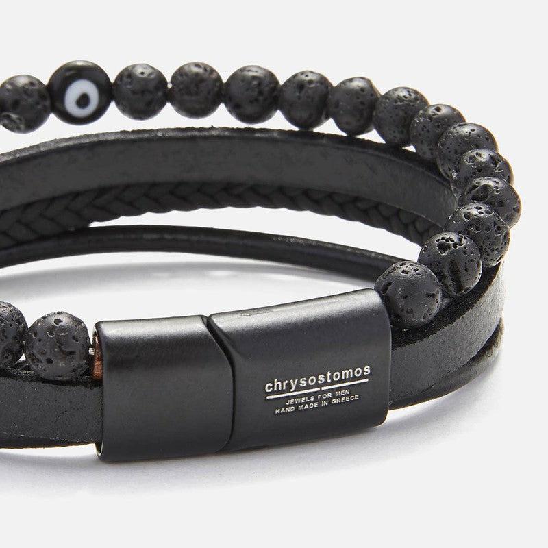 Chrysostomos Handmade Leather Bracelet with Lava & Evil Eye