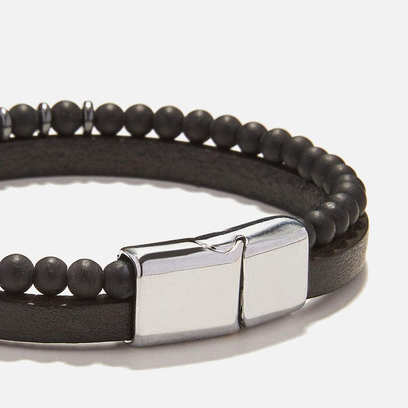 Chrysostomos Handmade Multi-row Lear Bracelet with Natural Mineral Stones of Black Matte Onyx