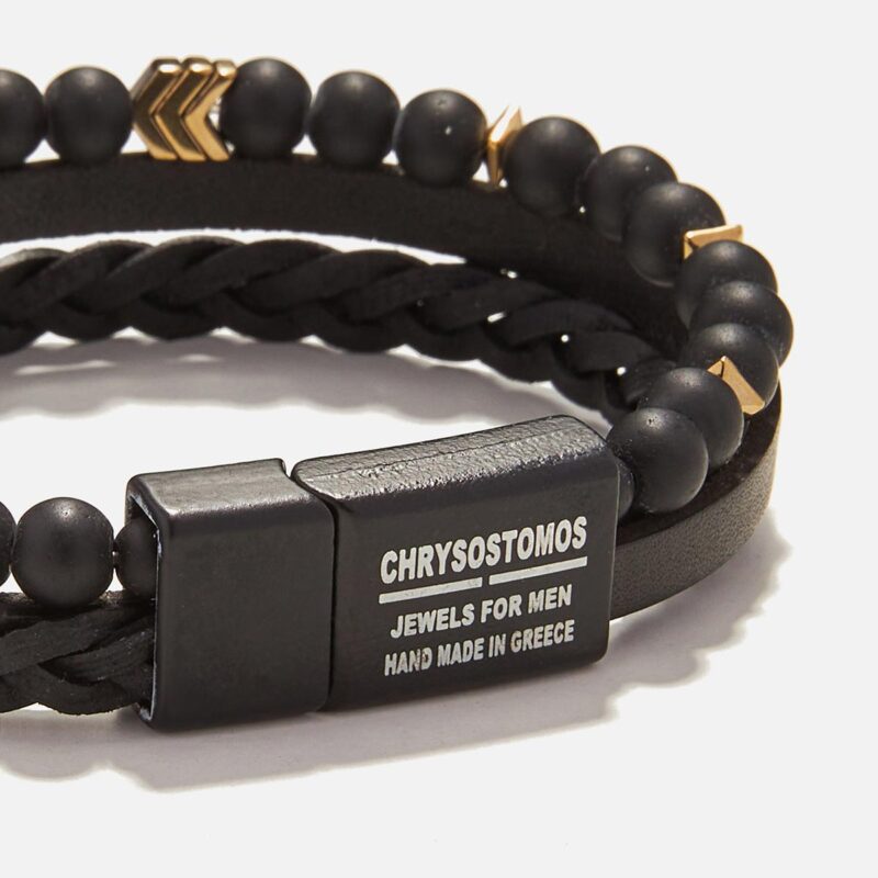 Chrysostomos Men's Handmade Leather Onyx Bracelet