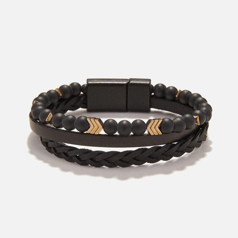 Chrysostomos Men's Handmade Leather Onyx Bracelet