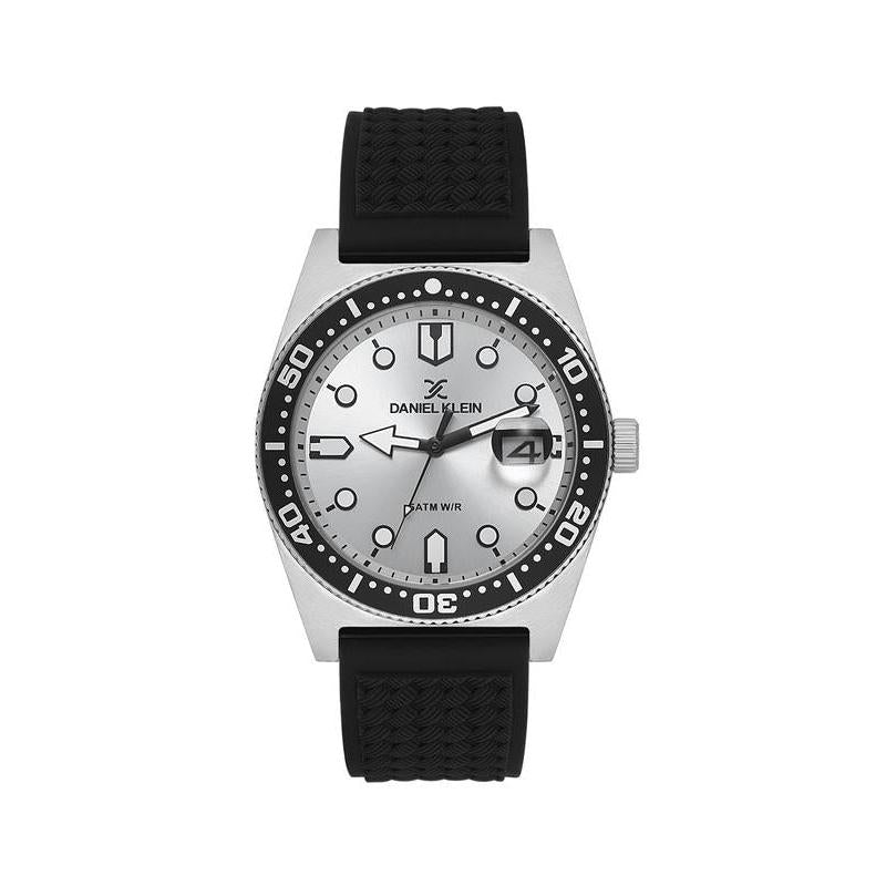 Daniel Klein Men’s Diver-Inspired Silver Dial Watch with Black Silicone Strap