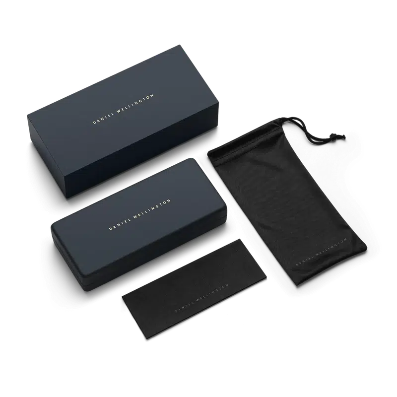 Daniel Wellington Arch sunglasses branded black protective case, soft pouch, and cleaning cloth set.